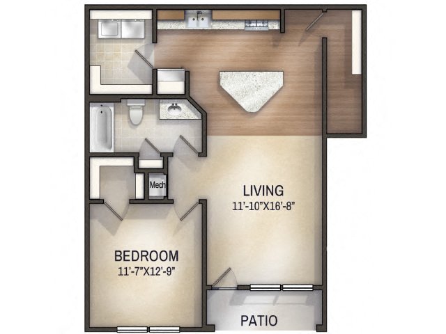 Floor plan for 1 bed, 1 bath, 830 sqft